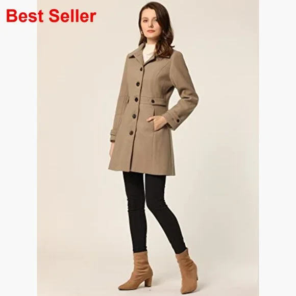 Polyester Pea Coat with Pockets Single Breasted Overcoat Winter